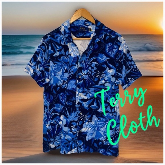 Polo Ralph Lauren Shirt Men M Terry Cloth Hawaiian Floral Beach Yacht Cruise